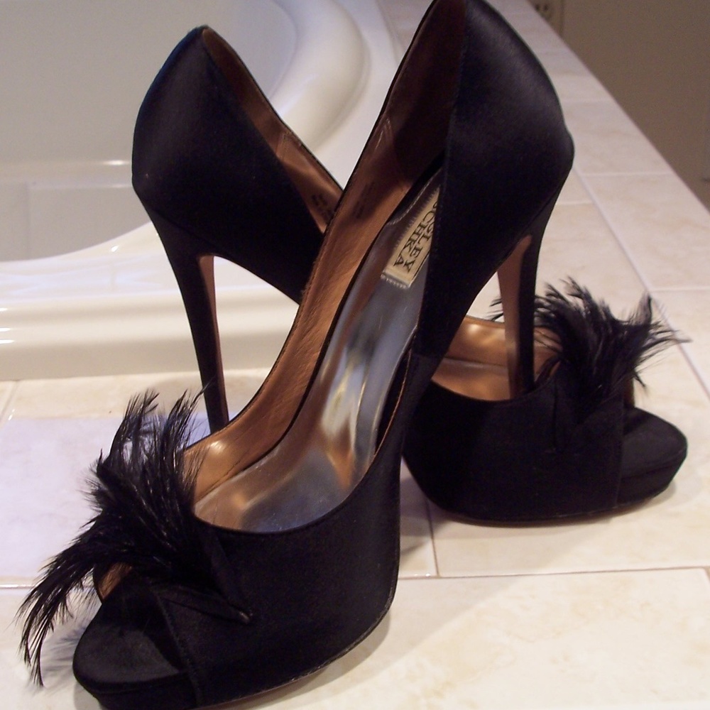 Badgley Mischka Black Satin Open Toe Pumps - Picture 3 of 7